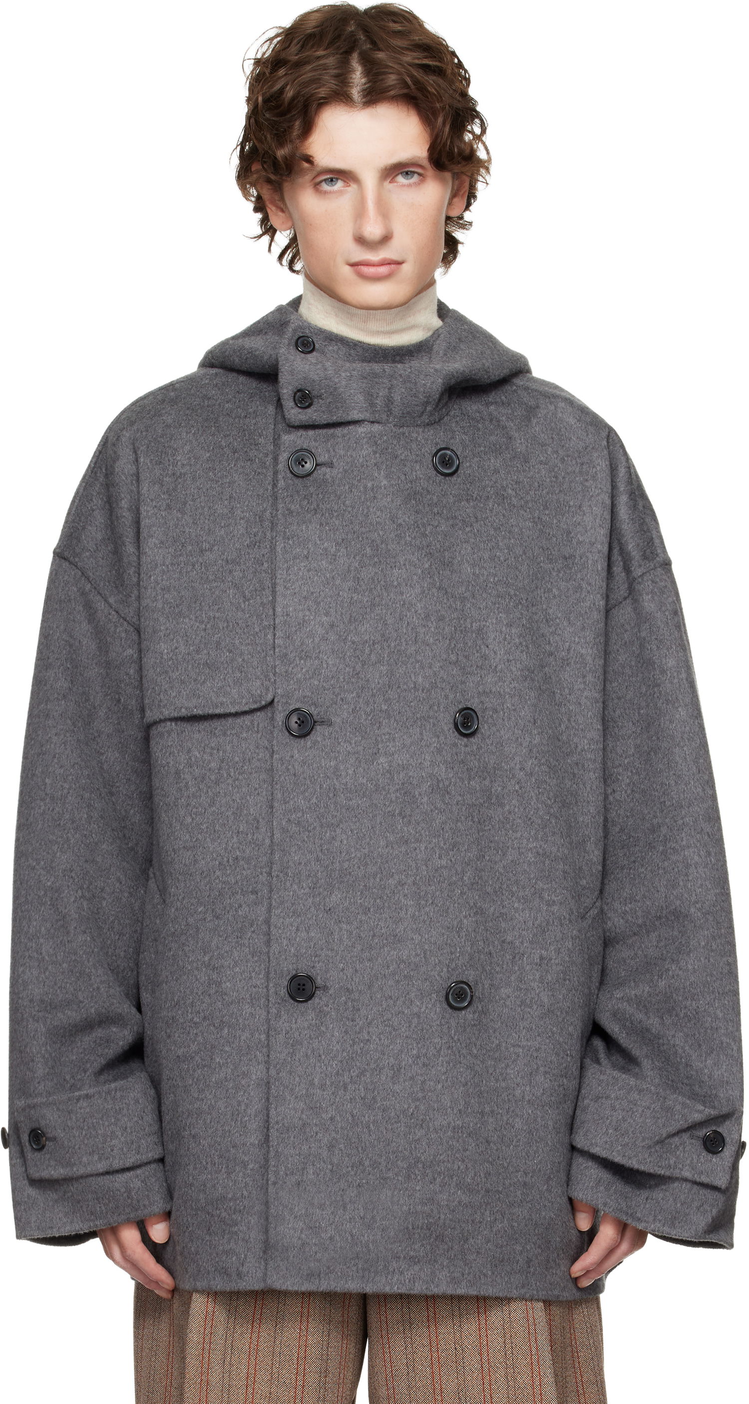 Kabáty JW Anderson JW Anderson Oversized Hooded Double-Breasted Felted Peacoat Šedá | CO0342-PG1559, 0