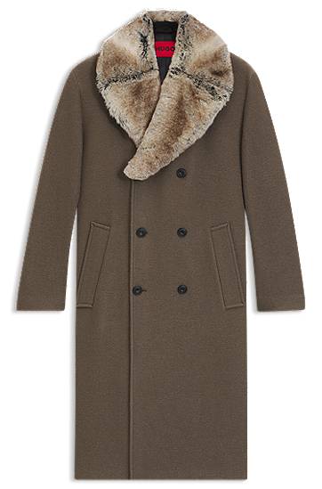 Kabáty BOSS Virgin-wool double-breasted coat with removable faux-fur collar Hnedá | 50546526