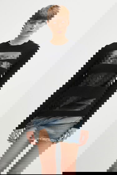 Sveter Maison Margiela MM6 Maison Margiela Ribbed Wool Blend Long-Sleeve Sweater with Shiny Panels Čierna | S62HL0041.M13196.900S, 0