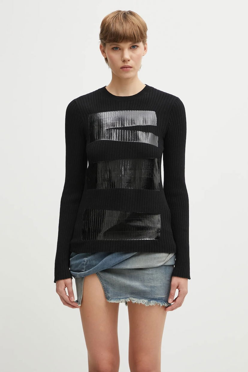 Sveter Maison Margiela MM6 Maison Margiela Ribbed Wool Blend Long-Sleeve Sweater with Shiny Panels Čierna | S62HL0041.M13196.900S