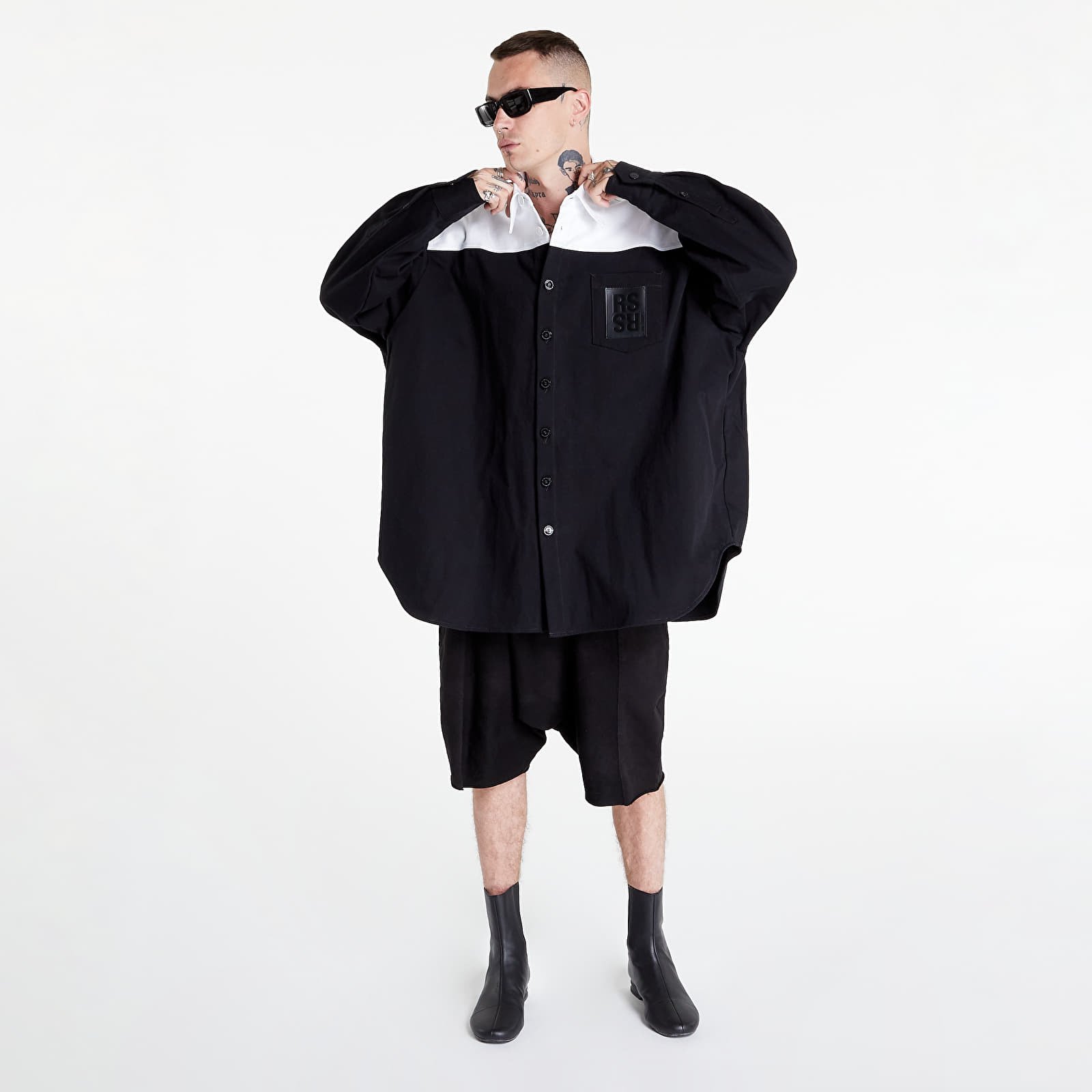 RAF SIMONS Oversized Bicolor Denim Shirt With R Pin In Back