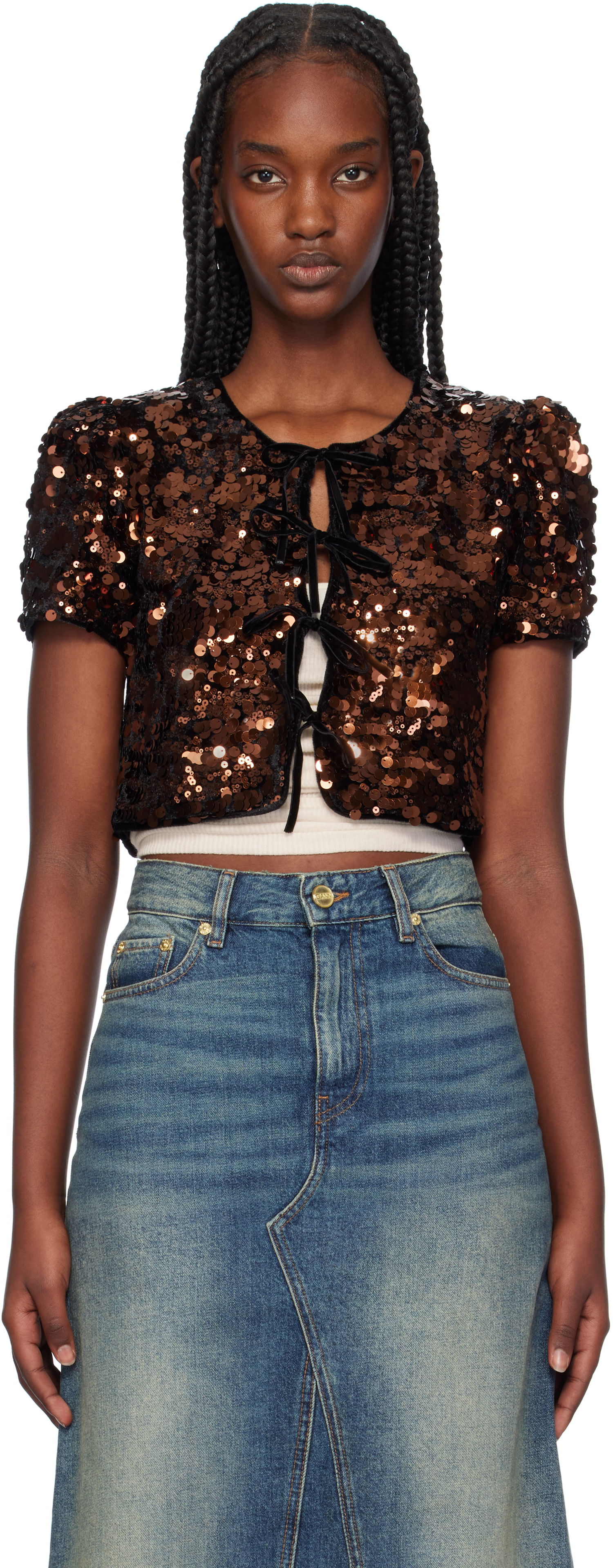Crop Top GANNI Sequin Velvet Tie-Front Blouse Hnedá | T3984, 0