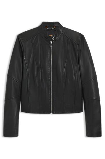Bunda BOSS Leather jacket with stand collar Čierna | 50545625, 0