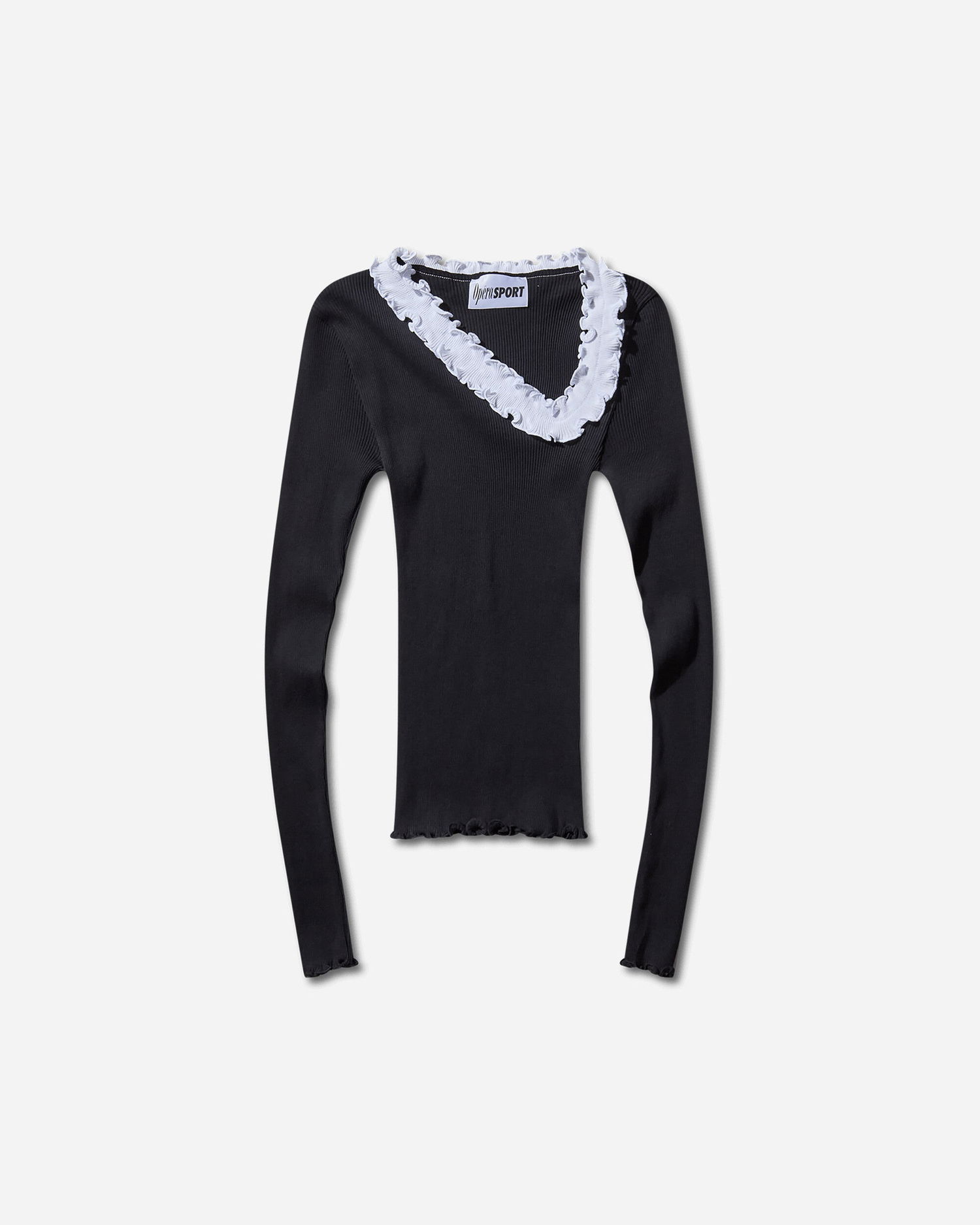 Košeľa OpéraSPORT Evita Seamless Ribbed Ruffle-Trim Long-Sleeve Top Čierna | W32AW24  4, 1