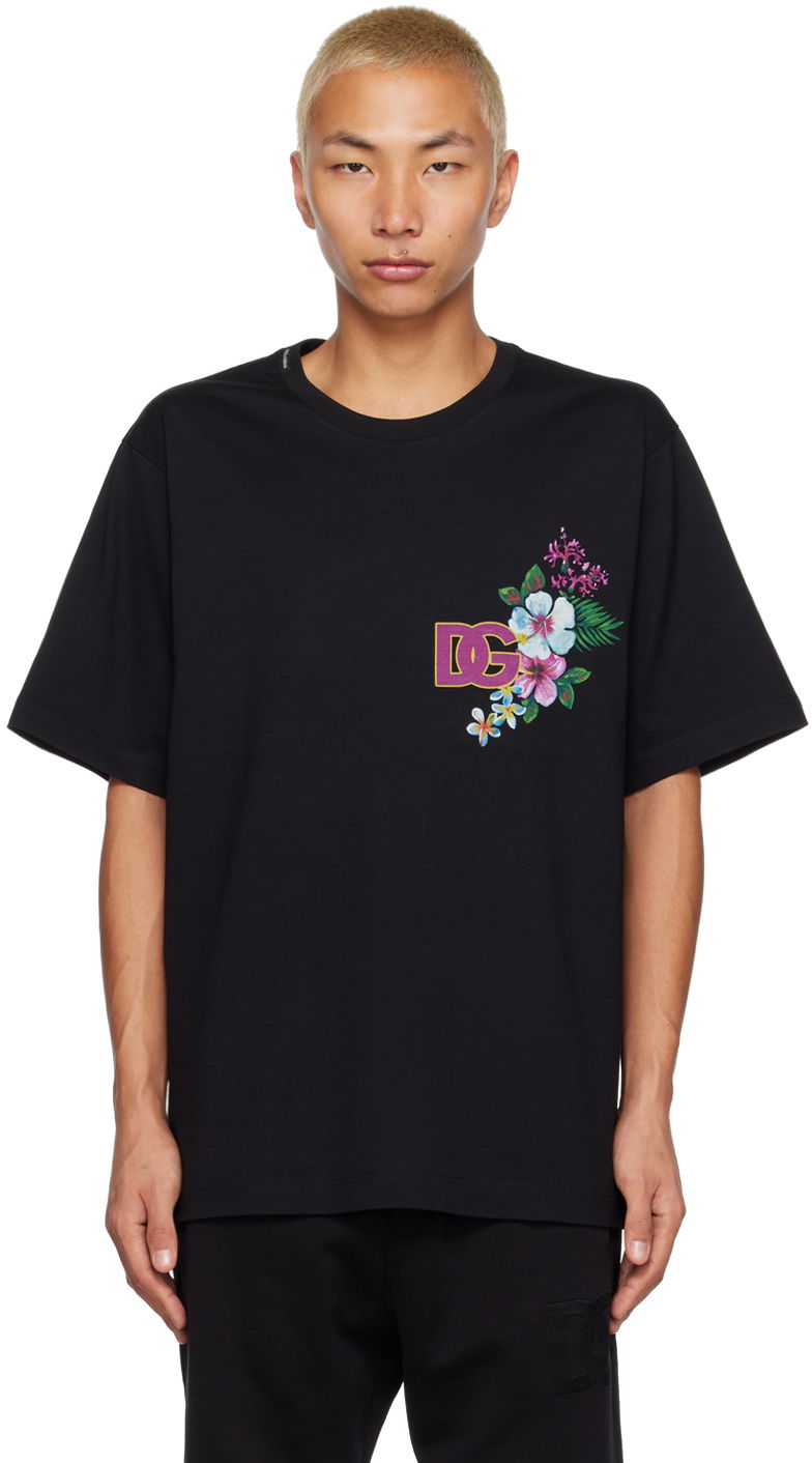 Floral Logo Print Black T-Shirt