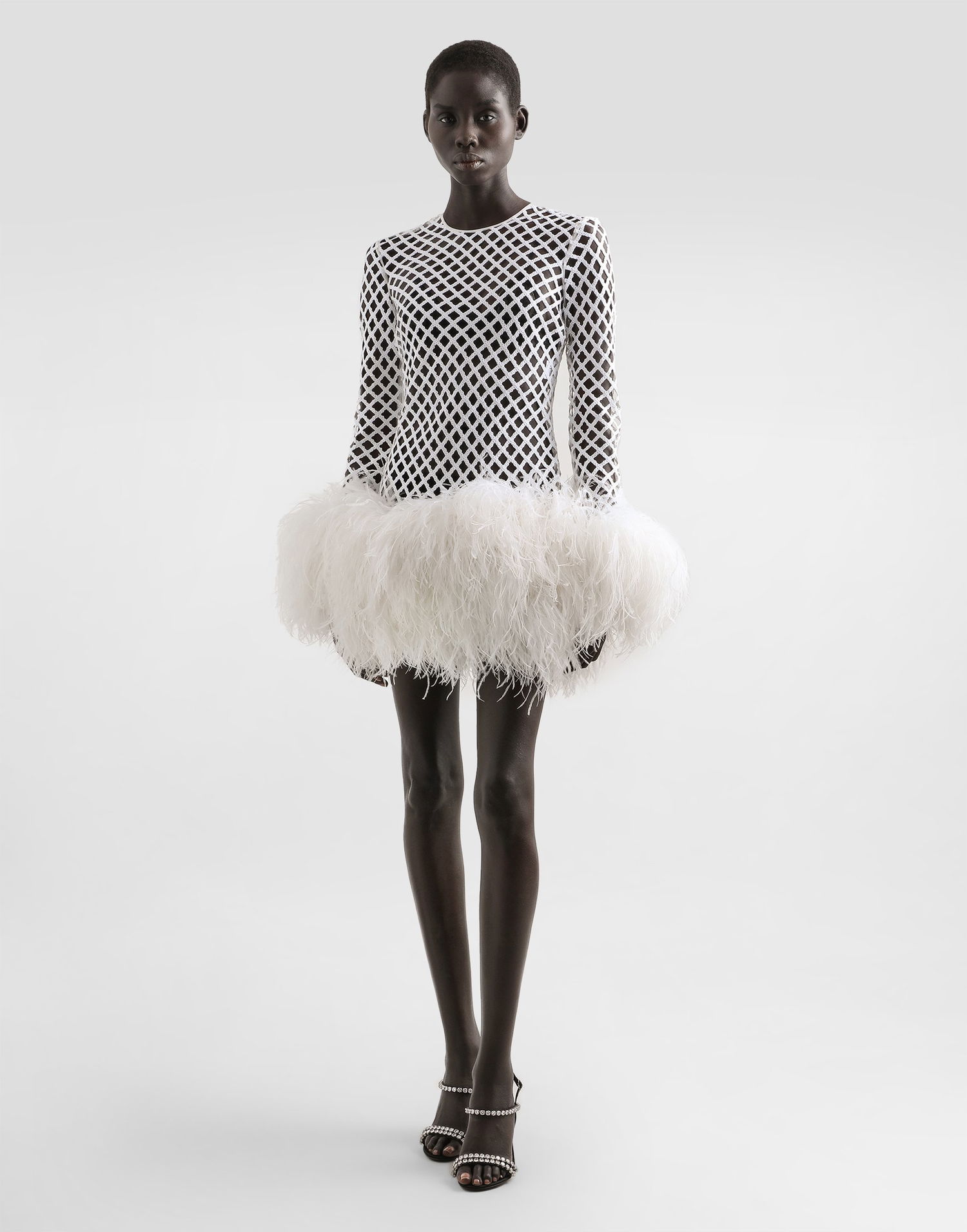 Šaty Dolce & Gabbana Dolce & Gabbana Short Sequin Mesh Feather Trim Dress Biela | F60FCZFLSLDW0800, 1