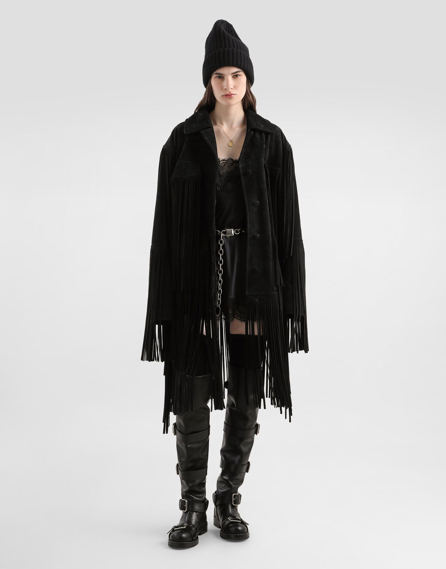 Bunda Dolce & Gabbana Dolce & Gabbana Women's Suede Fringe Jacket Čierna | F27GZLHULYFN0000, 1
