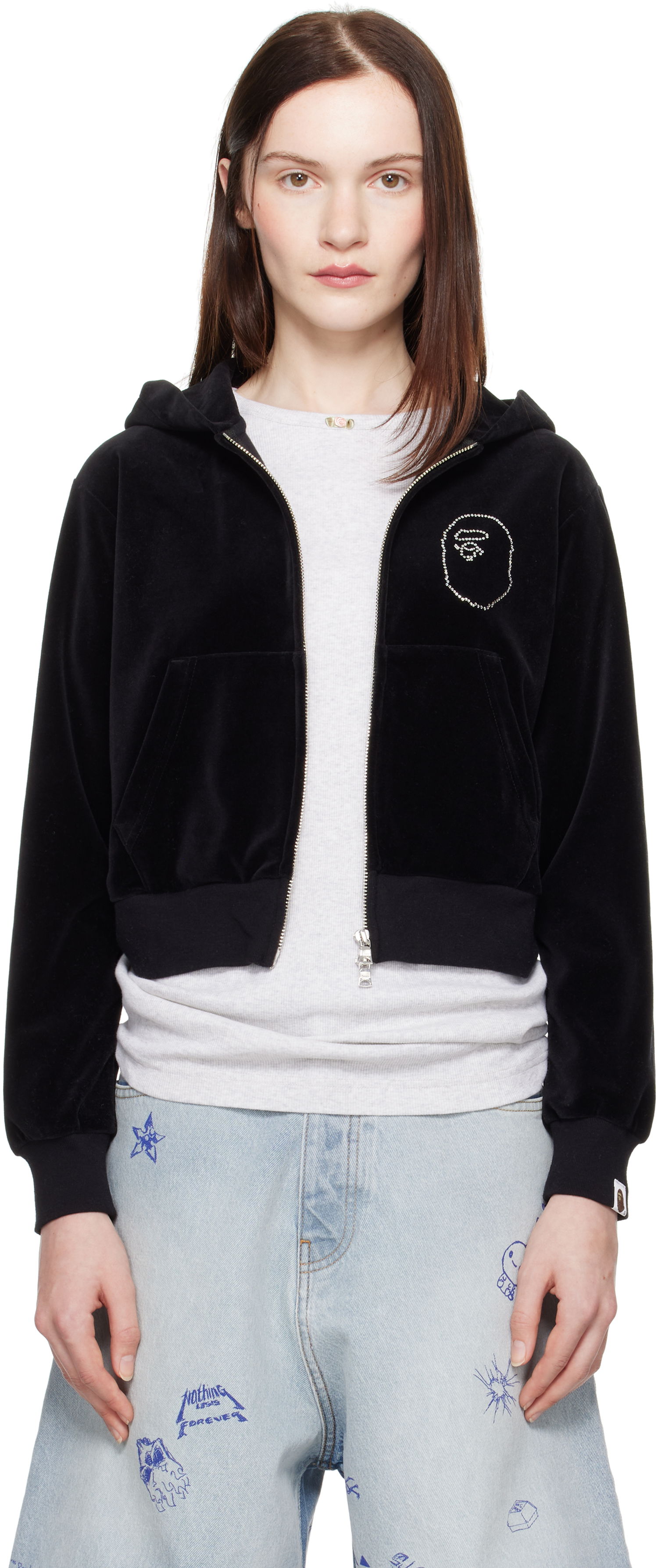 Mikina BAPE A Bathing Ape Crystal Stone Ape Head Velour Cropped Hoodie Čierna | 001ZPK802004L, 0