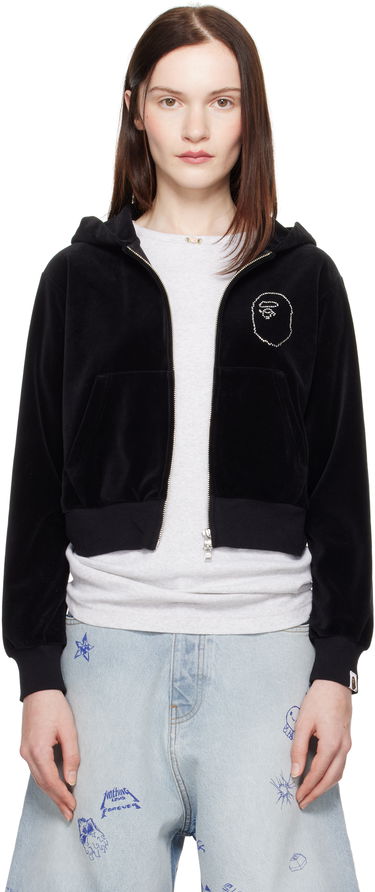 Mikina BAPE A Bathing Ape Crystal Stone Ape Head Velour Cropped Hoodie Čierna | 001ZPK802004L, 0