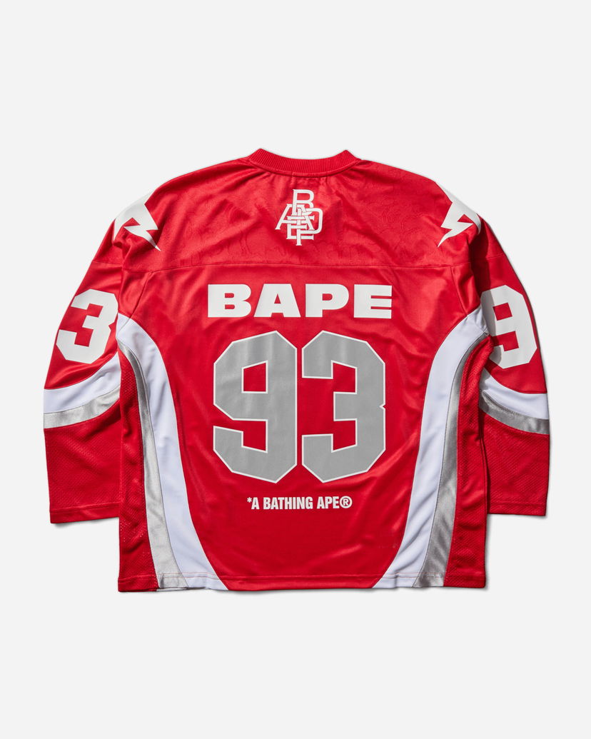 Dres BAPE Jacquard Relaxed Fit Ice Hockey Jersey with 93 and Lightning Bolt Details Červená | 1L80111313 RED