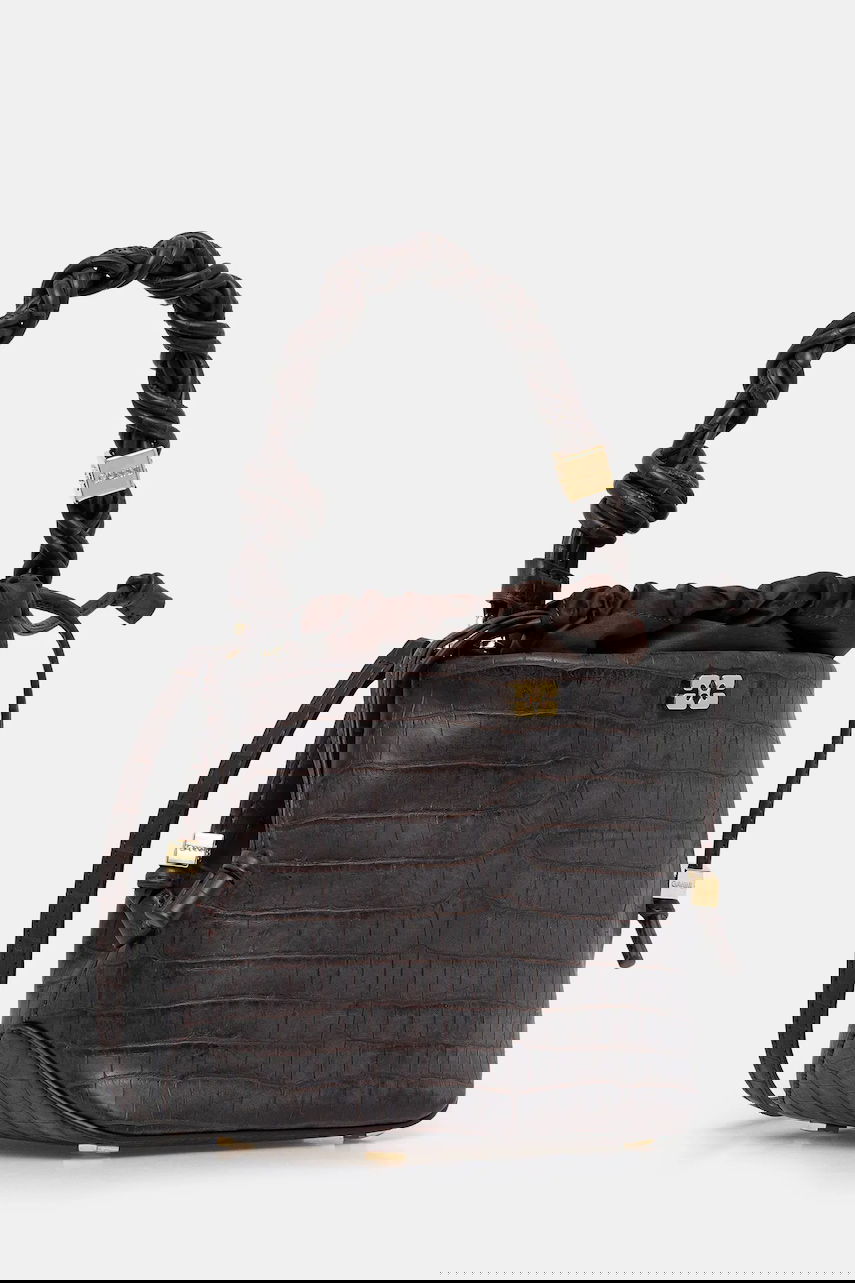 Kabelka GANNI Bou Braided Handle Crocodile-Embossed Drawstring Bucket Bag Hnedá | A6697, 1