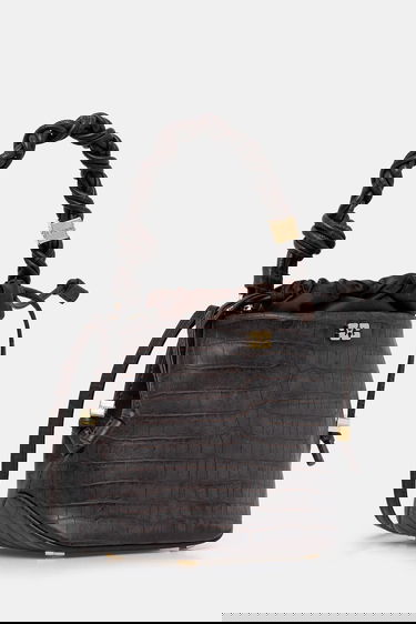 Kabelka GANNI Bou Braided Handle Crocodile-Embossed Drawstring Bucket Bag Hnedá | A6697, 1