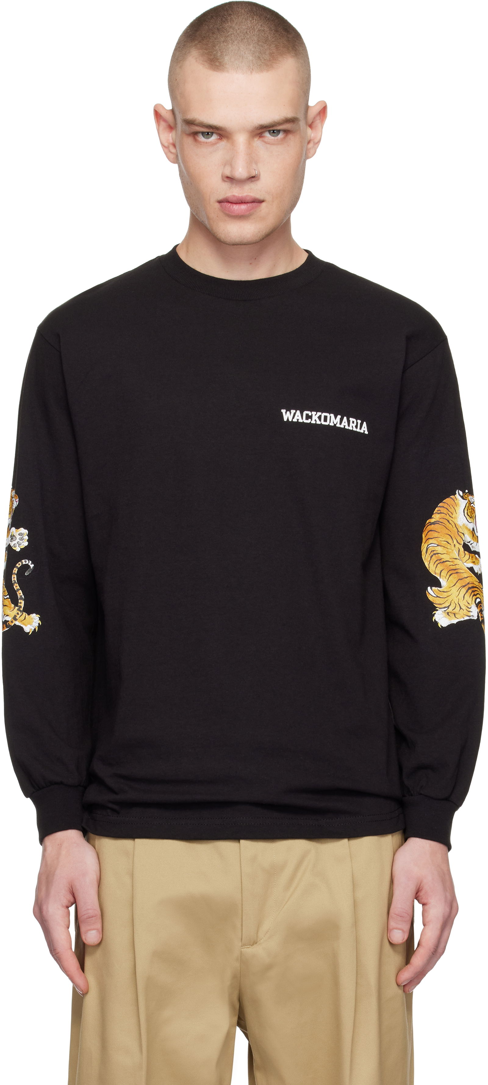 Crewneck Long Sleeve T-Shirt with Tiger Print