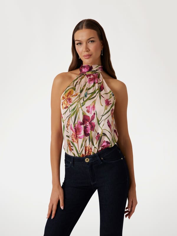 Halter Neck Floral Print Bodysuit