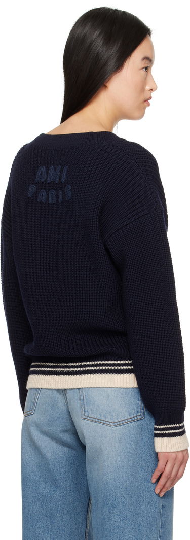 Sveter AMI AMI Paris Wool Ribbed V-Neck Sweater Navy | UKS268.KN0068, 2