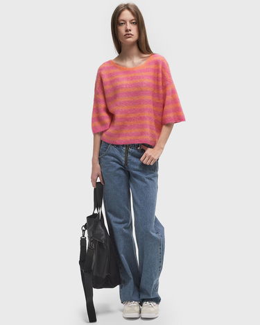 Sveter American Vintage American Vintage Nenybay Striped Cropped Sweater Ružová | NEN18BE25-ORANGE-FLUO-RAYE-HIBISCUS, 1