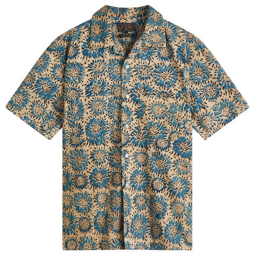 Košeľa BEAMS Beams Plus Open Collar Block Print Sunflower Shirt, Size Medium Béžová | 3801-0167-139-75