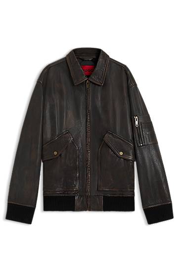 Bunda BOSS Regular-Fit Treated Leather Jacket Čierna | 50541865