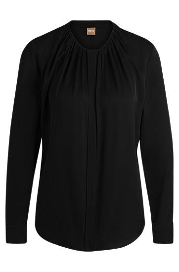 Košeľa BOSS Stretch-Silk Crepe de Chine Ruched-Neck Blouse Čierna | 50490058, 0