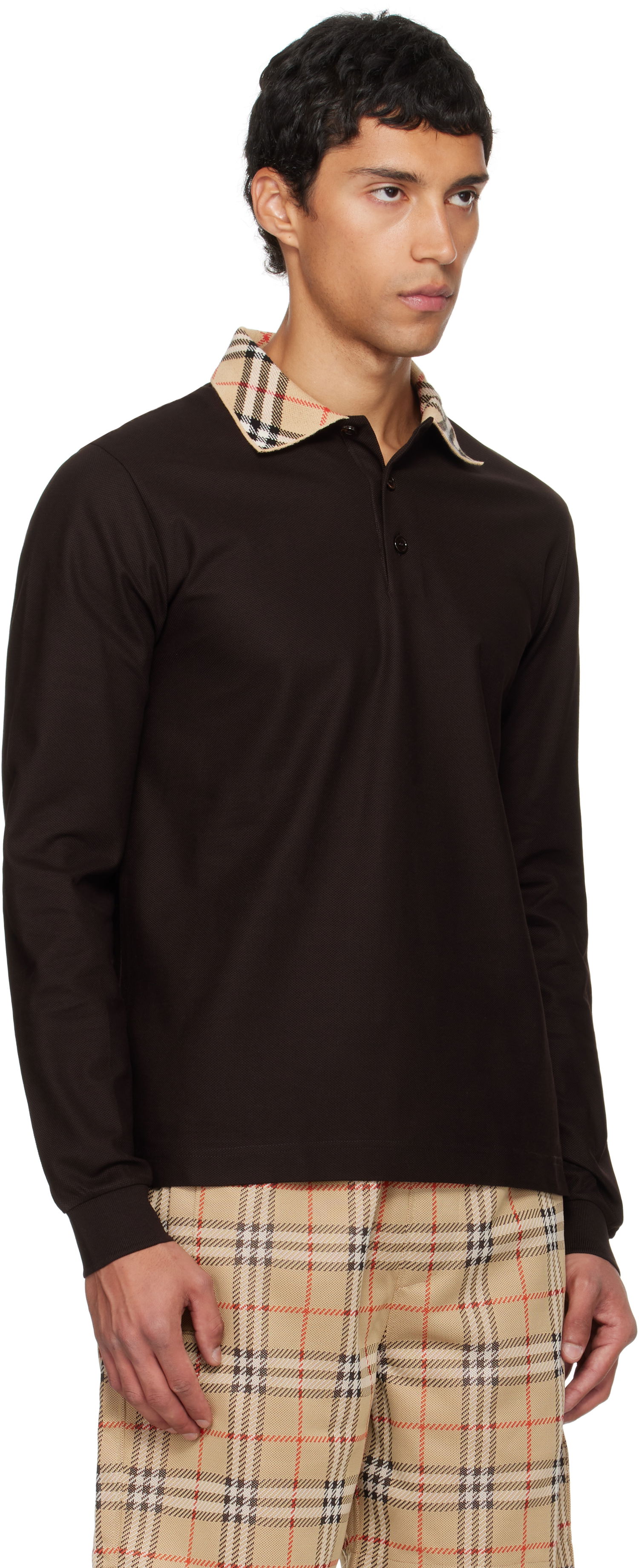 Polo tričko Burberry Burberry Long Sleeve Polo with Check Collar Hnedá | 8116012, 1