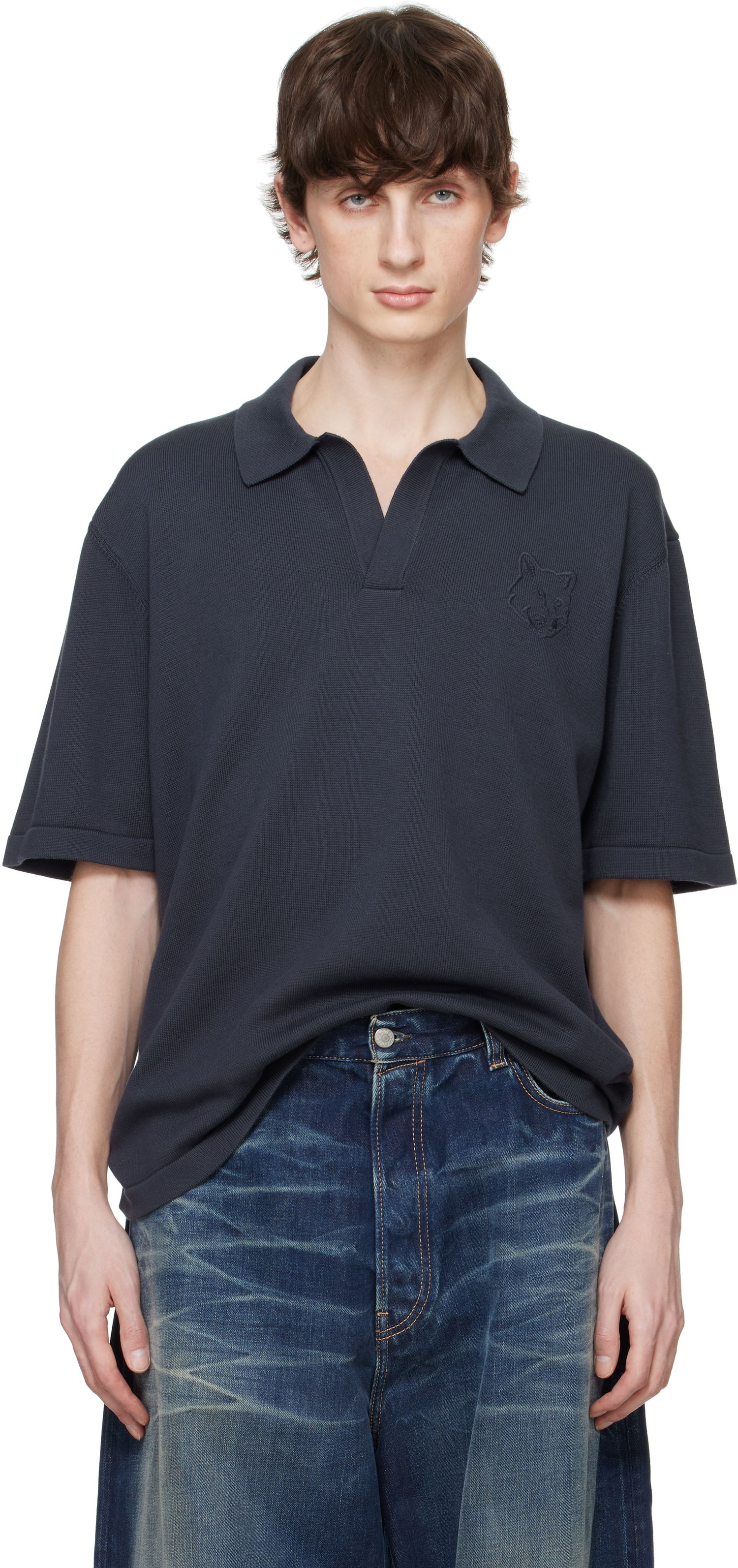 Polo tričko MAISON KITSUNÉ Maison Kitsuné Fox Head Embroidered Knitted Polo Navy | OM00205KT1135, 0