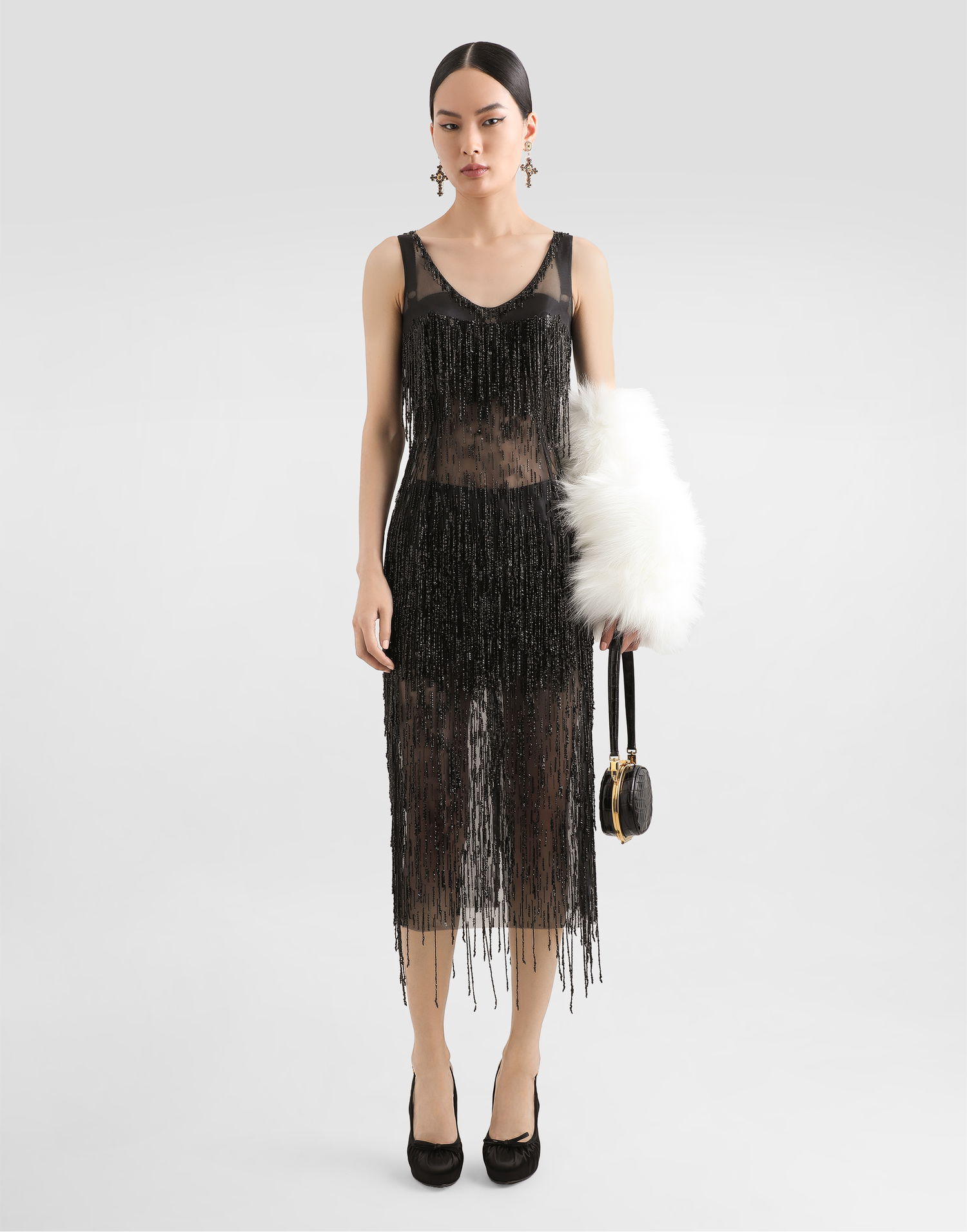 Šaty Dolce & Gabbana Dolce & Gabbana Sleeveless Calf-Length Marquisette Dress with Sequined Fringing Čierna | F6TPBZGDC1DN0000, 1