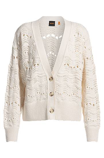 Sveter BOSS Open-Knit Cotton-Blend Cardigan Biela | 50538316, 0