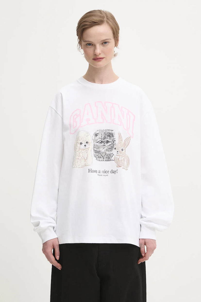 Tričko GANNI Re-cut Heavy Jersey Animals Long-sleeved T-shirt Biela | T4275