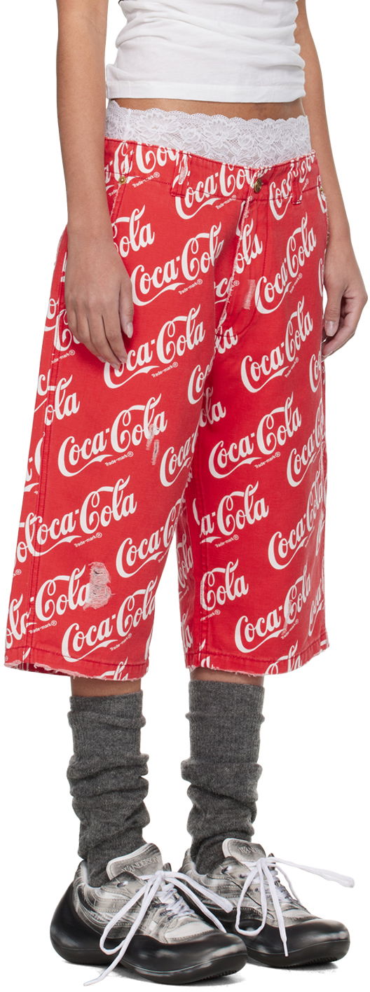 Šortky ERL Coca-Cola Printed Distressed Lace-Trim Culotte Shorts Červená | ERL08P003, 1