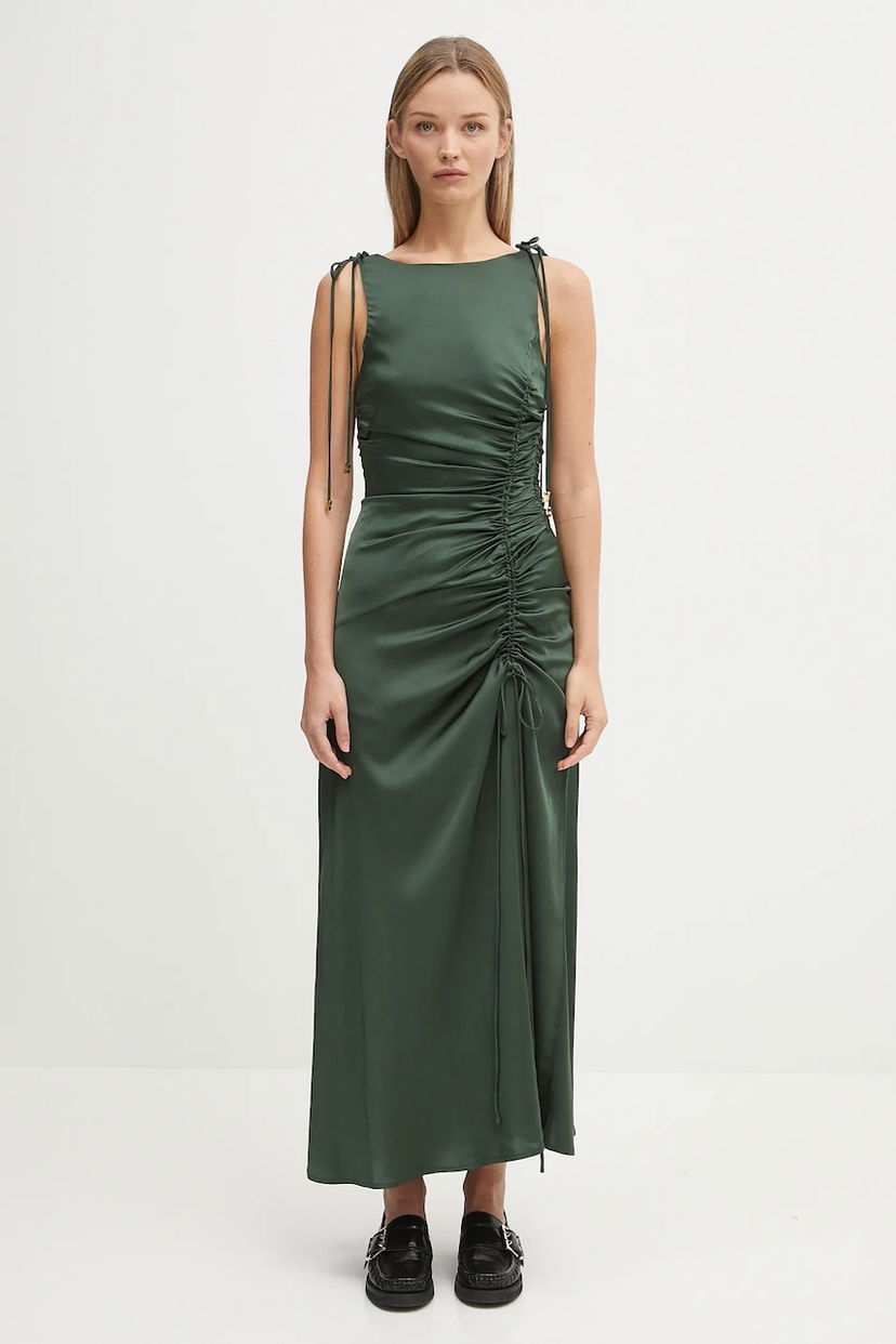 Šaty GANNI GANNI Stretch Satin Gathered Maxi Dress Zelené | W0739