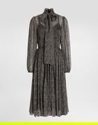 Chevron Print Silk Chiffon Pussy-Bow Neck Pleated Midi Dress