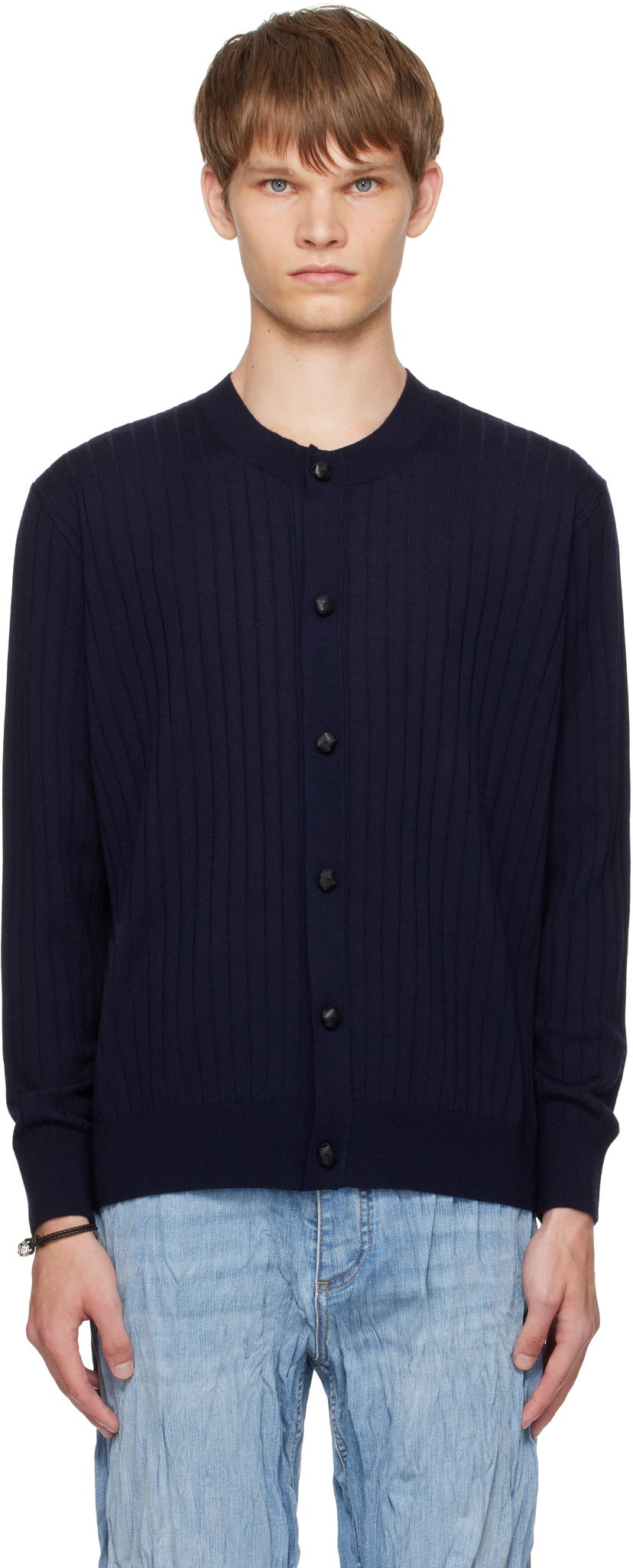 Sveter Bottega Veneta Bottega Veneta Wool Rib Knit Cardigan Navy | 838111V5L704140
