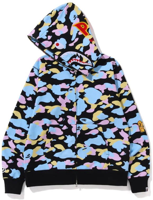 Bape New Multi Camo 2nd Shark Full Zip Hoodie Black