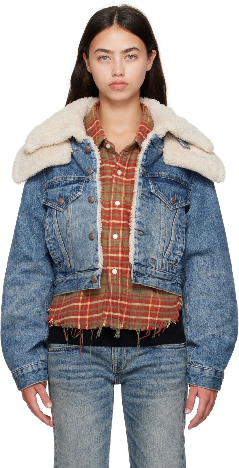 Bunda R13 R13 Double Collar Sherpa Trucker Jacket Modrá | R13WD181-D344A