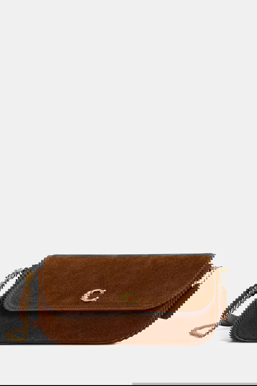 Taška cez rameno Coach Suede Flap Shoulder Bag with Gold-Tone C Logo Hnedá | CDD05, 0