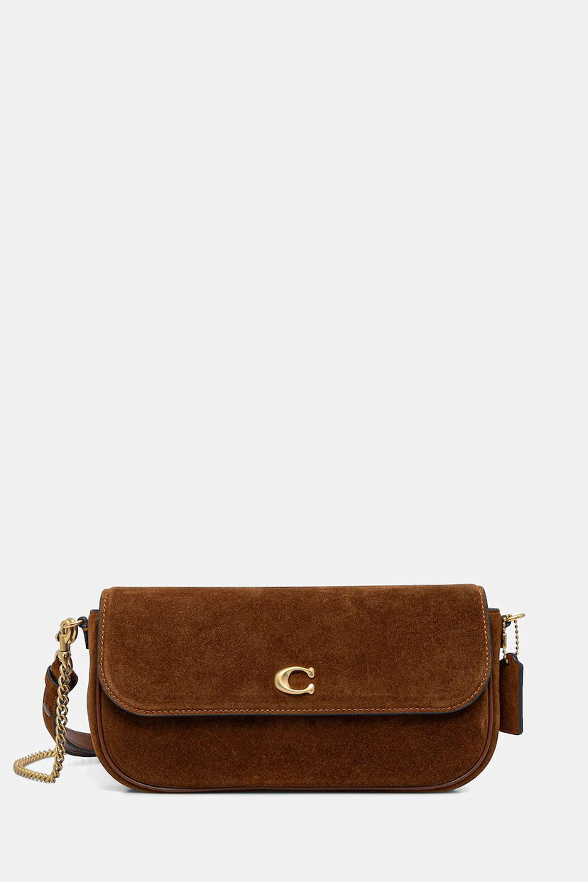 Taška cez rameno Coach Suede Flap Shoulder Bag with Gold-Tone C Logo Hnedá | CDD05