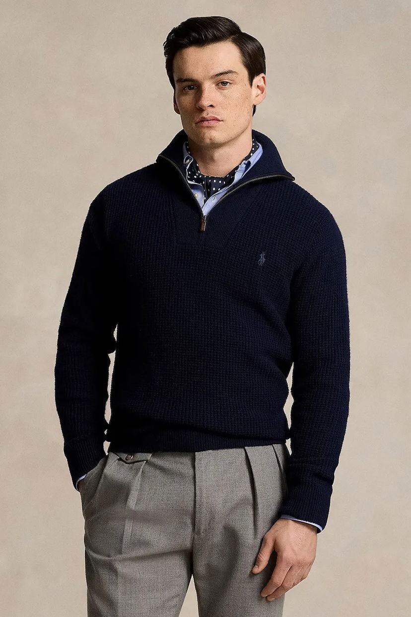 Sveter Polo by Ralph Lauren Polo Ralph Lauren Waffle Knit Wool Half-Zip Sweater Navy | 710941101