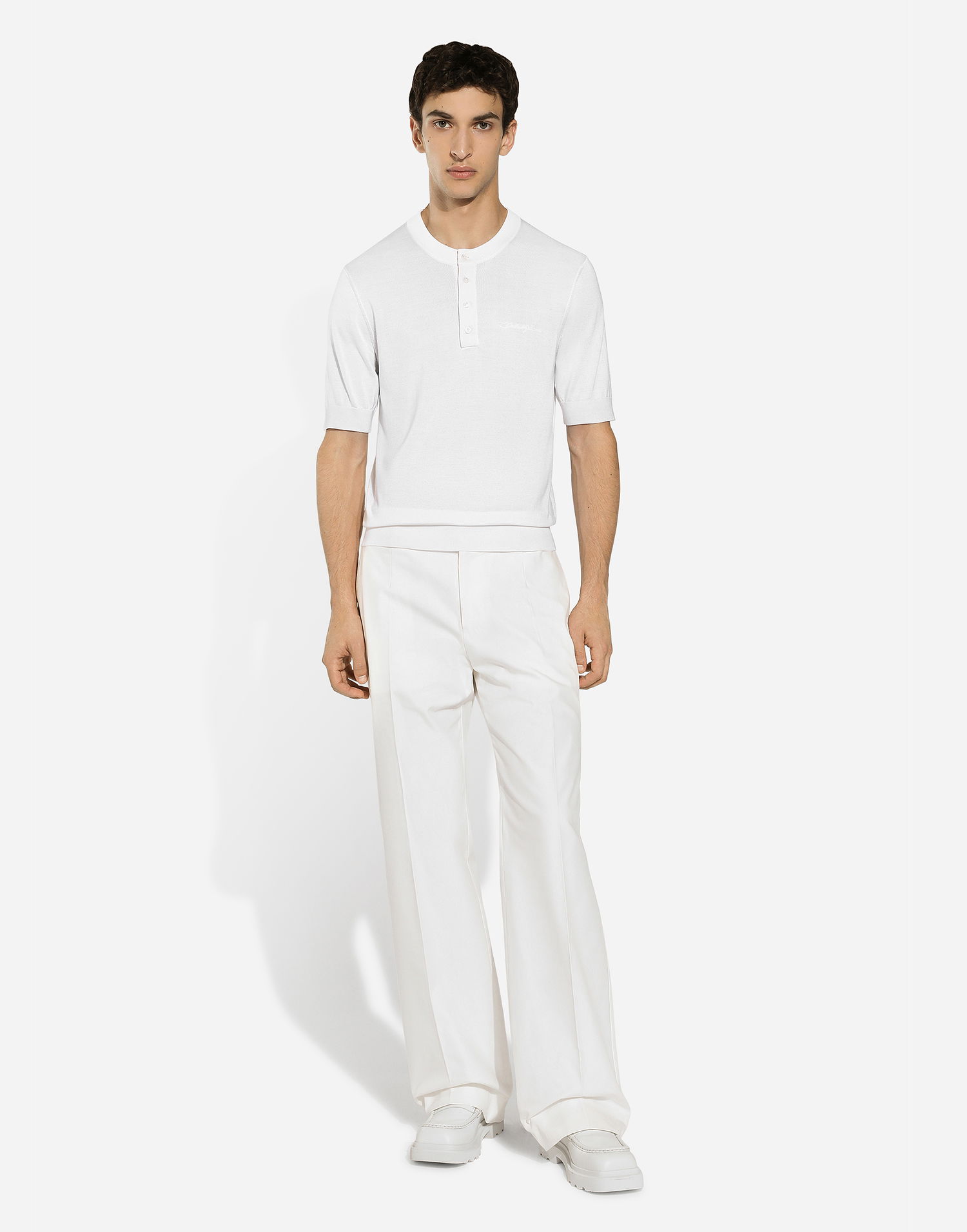 Tričko Dolce & Gabbana Silk Granddad-Neck Sweater With Logo Embroidery Biela | GXX04ZJBSJSW0800, 1