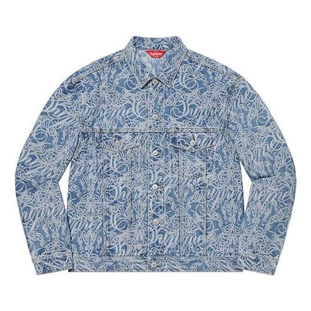 Bunda Supreme Script Jacquard Denim Trucker Jacket Modrá | SUP-FW22-723