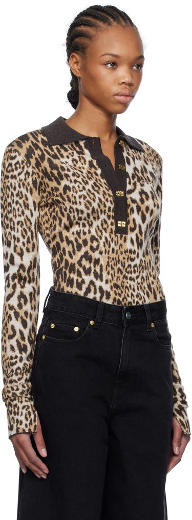 Polo tričko GANNI GANNI Leopard Knit Polo Hnedá | K2341, 1