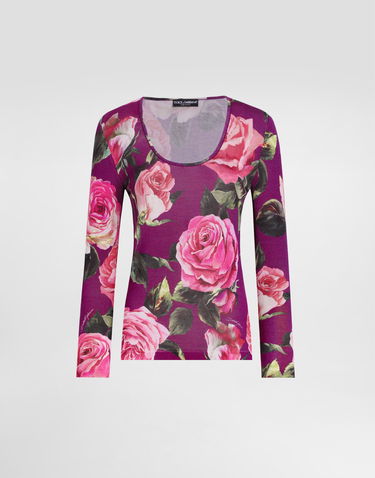 Tričká a tielka Dolce & Gabbana Dolce & Gabbana Rose-Print Silk Long-Sleeve Top Fialová | FXX82TJAHLCHP5IG, 0