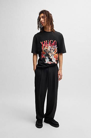 Tričko BOSS HUGO Oversized-Fit Cotton T-Shirt with Dog Graphic Čierna | 50538259, 1