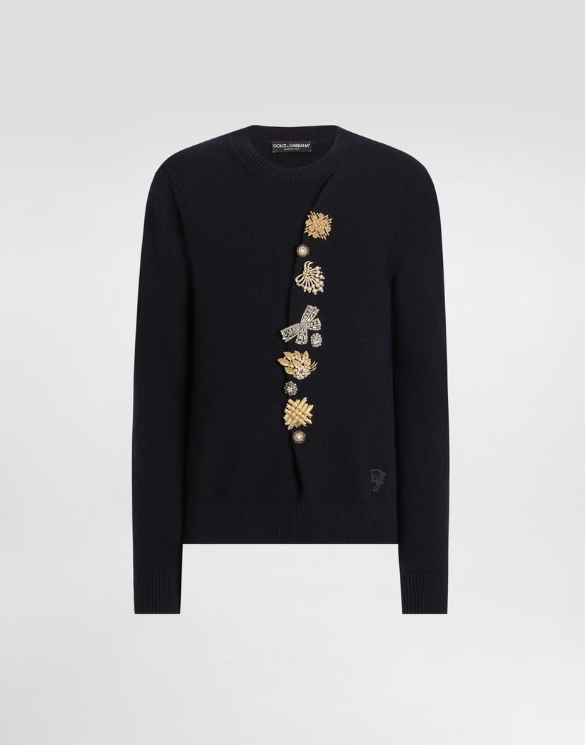 Sveter Dolce & Gabbana Wool Round-Neck Sweater With Jeweled Buttons Čierna | GXX91ZJCVWRB0665