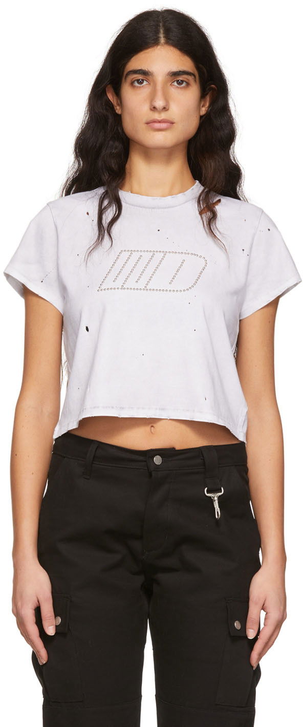 Crop Top We11done Cropped Distressed Studded T-Shirt Biela | WD-TT1-22-512-W-WH, 0