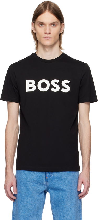 Tričko BOSS Cotton Jersey T-Shirt Rubber-Print Logo Čierna | 50481923, 4