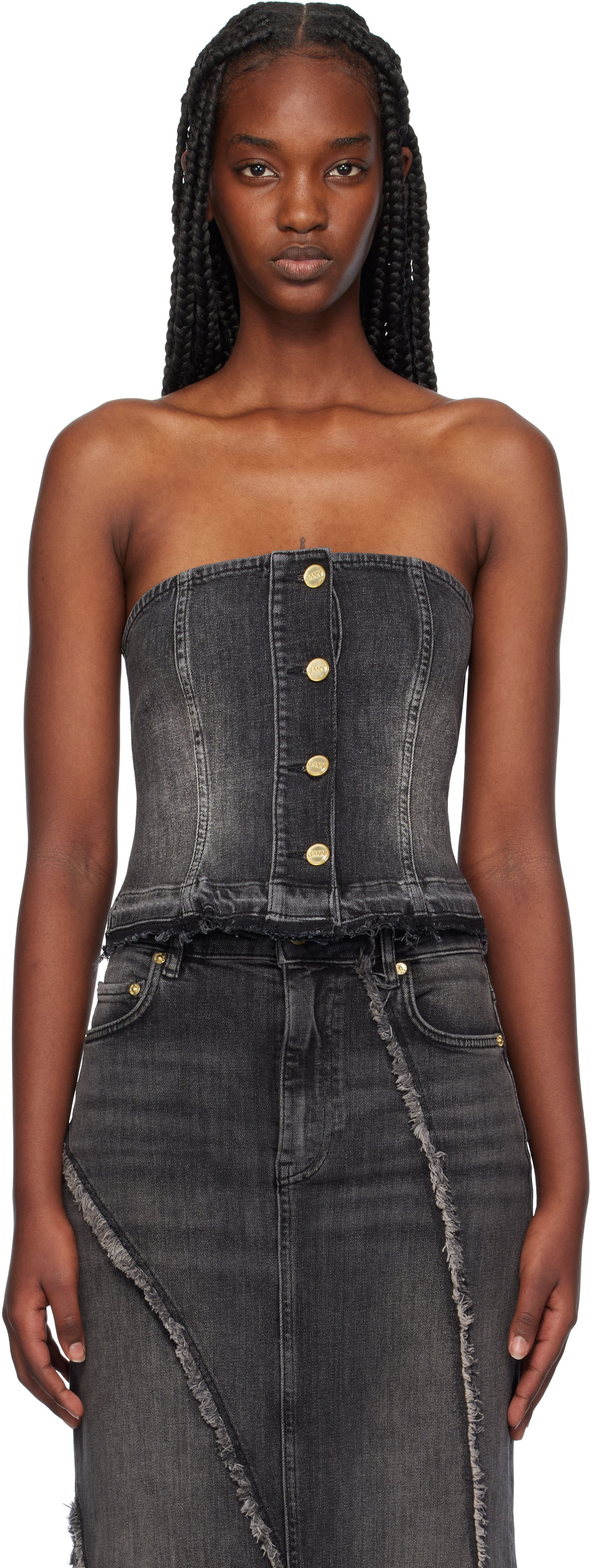Tielko GANNI Washed Denim Button Up Top Čierna | J1586, 0