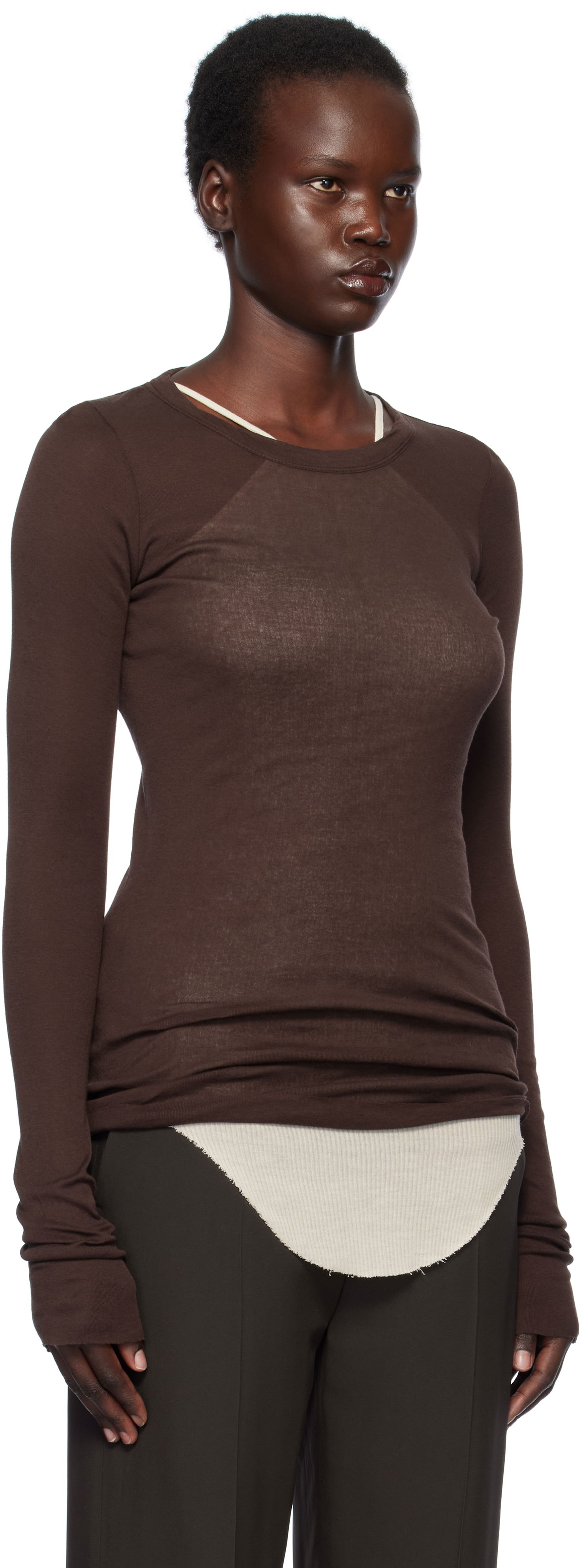 Sveter Rick Owens Rick Owens Hollywood Rib Long Sleeve T-Shirt Hnedá | RP01E7202 MR, 1