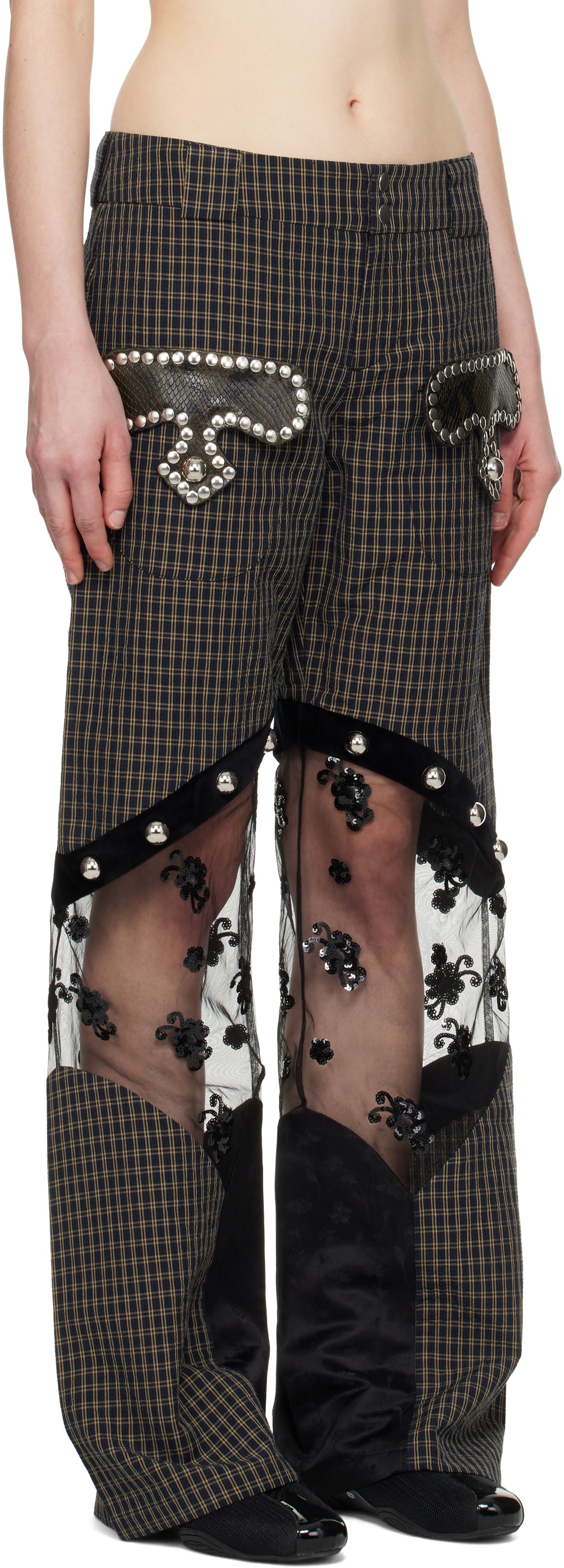 Nohavice Chopova Lowena Chopova Lowena Rusher Plaid & Lace Panel Trousers Hnedá | 4092, 1