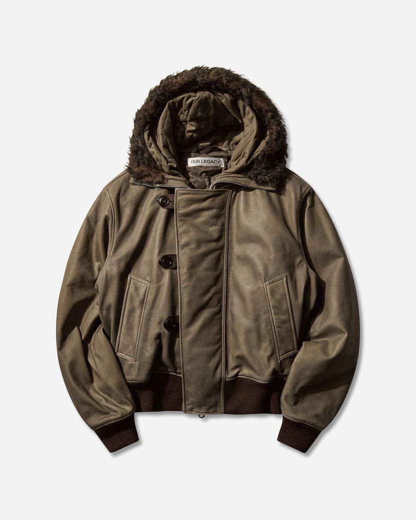 Bomber bunda OUR LEGACY Compel Leather Bomber Jacket with Fur Hood Zelené | M4259CO 001