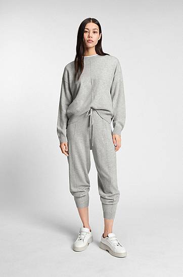 Tepláky BOSS Cashmere Drawstring Tracksuit Bottoms with Cuffed Hems and Front Seams Šedá | 50547858, 1